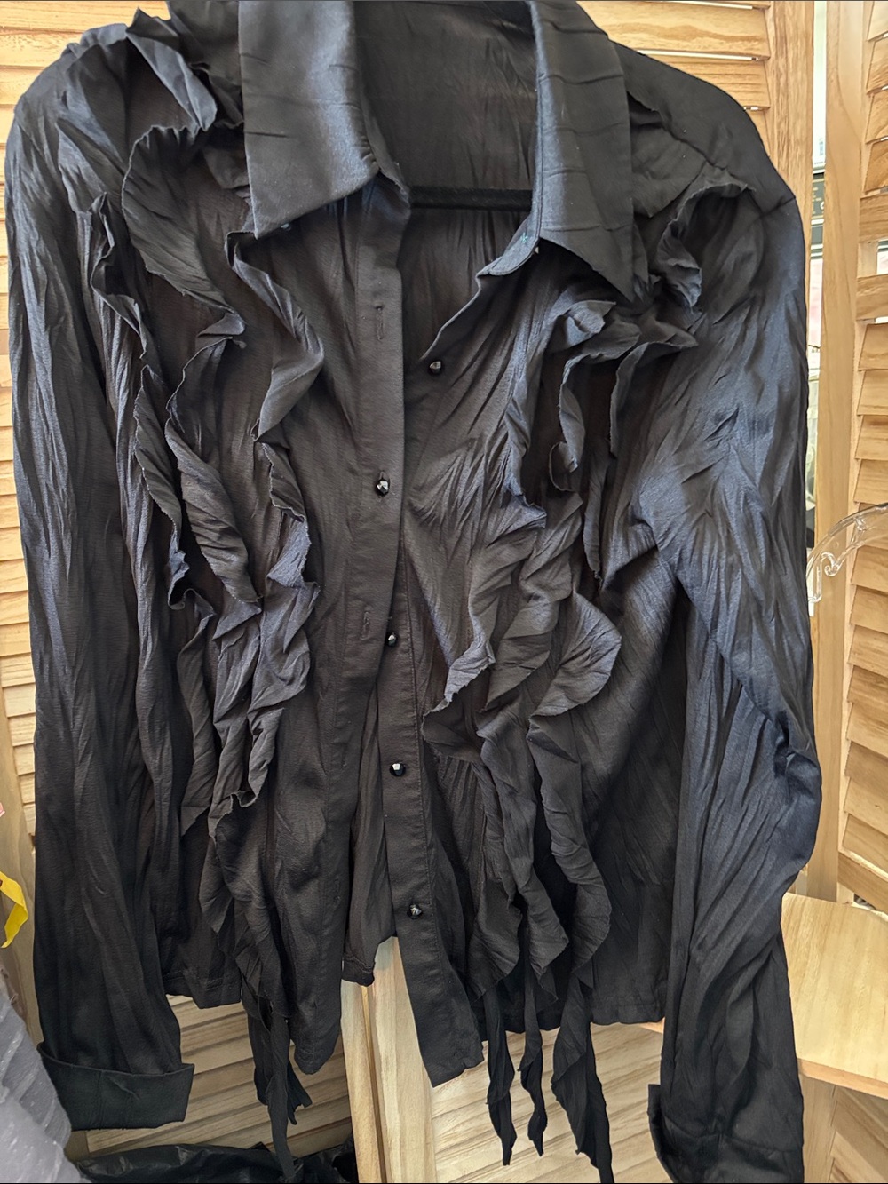 Oltre Black Ruffle Front Casual Button-Down Shirt 12